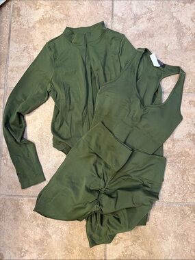 Olive Green Women's Active Tank, Jacket & Shorts Set